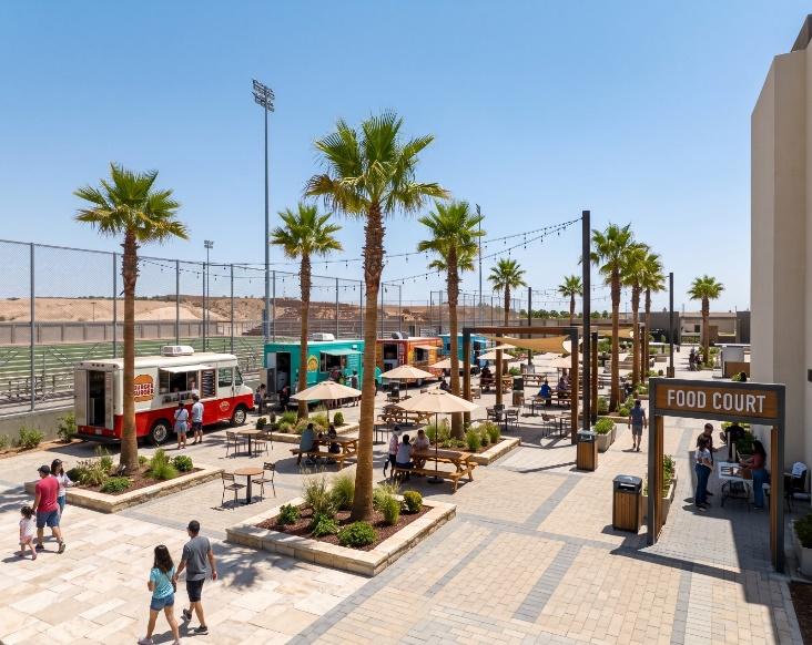 Food court with kiosks, palm trees and outdoor seating at Sharm Sports Club in Sharm El Sheikh