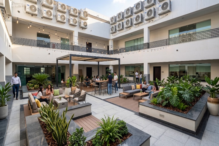 Landscaped inner courtyard with lounge seating and greenery at Sharm Sports Club